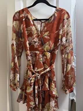 Luxxel Rust Floral Long-Sleeve Wrap Dress